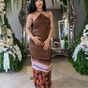 ZARA Tulle Bloggers Favorite Halter Maxi open back Dress Brown Open Back NWT